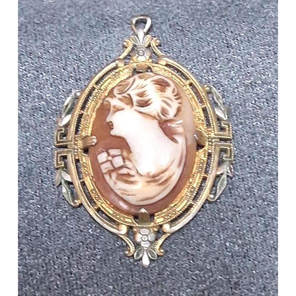 Vintage Hand Carved Shell Cameo Pendant Facing Left Lady Portrait